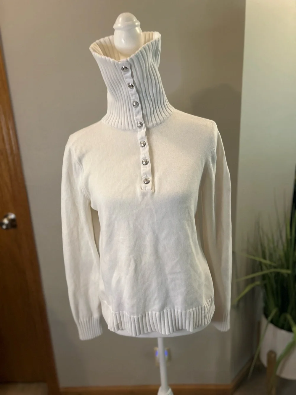 Ralph Lauren White Cotton Convertible snap turtleneck sweater Women’s Large - Picture 3 of 14